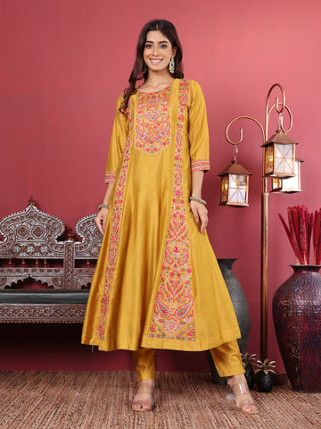 Varanga Women Mustard Pure Hand Embroidered Kurta Set with Dupatta