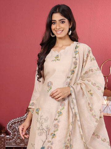 Varanga Women Pure Kantha Hand Embroidered Kurta Set with Embroidered Dupatta