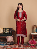 Varanga Women Maroon Silk Zari And Sequin Embroidered Kurta Set With Dupatta