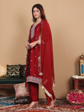 Varanga Women Maroon Silk Zari And Sequin Embroidered Kurta Set With Dupatta