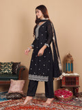 Varanga Women Black Silk Zari And Sequins Embroidered Kurta Set With Dupatta