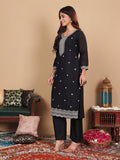 Varanga Women Black Silk Zari And Sequins Embroidered Kurta Set With Dupatta