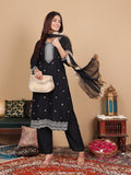 Varanga Women Black Silk Zari And Sequins Embroidered Kurta Set With Dupatta