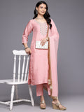 Varanga Women Pure Pink Silk Thread Embroidered Stone And Beads Embellished Kurta Set With Dupatta