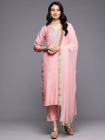 Varanga Women Pure Pink Silk Thread Embroidered Stone And Beads Embellished Kurta Set With Dupatta