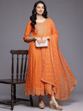 Varanga Women Orange Mirror and Thread Embroidered, Zari Embellished Scalloped Schiffli Anarkali Kurta Paired With Printed Bottom and Embroidered Dupatta