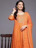 Varanga Women Orange Mirror and Thread Embroidered, Zari Embellished Scalloped Schiffli Anarkali Kurta Paired With Printed Bottom and Embroidered Dupatta