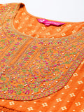 Varanga Women Orange Mirror and Thread Embroidered, Zari Embellished Scalloped Schiffli Anarkali Kurta Paired With Printed Bottom and Embroidered Dupatta