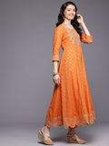 Varanga Women Orange Mirror and Thread Embroidered, Zari Embellished Scalloped Schiffli Anarkali Kurta Paired With Printed Bottom and Embroidered Dupatta