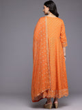 Varanga Women Orange Mirror and Thread Embroidered, Zari Embellished Scalloped Schiffli Anarkali Kurta Paired With Printed Bottom and Embroidered Dupatta