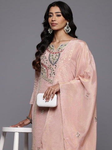 Varanga Women Pink Gotta Patti Hand Embroidered Straight Kurta with Trousers and Dupatta.