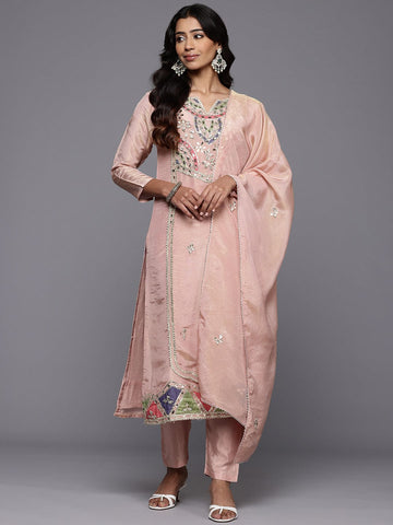 Varanga Women Pink Gotta Patti Hand Embroidered Straight Kurta with Trousers and Dupatta.