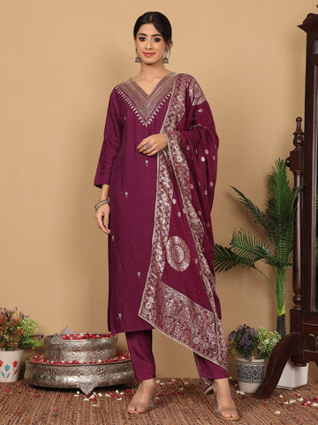 Varanga Women Pure Silk Purple Zari Embroidered Kurta With Bottom And Dupatta