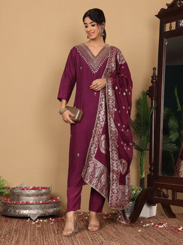 Varanga Women Pure Silk Purple Zari Embroidered Kurta With Bottom And Dupatta