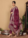 Varanga Women Pure Silk Purple Zari Embroidered Kurta With Bottom And Dupatta