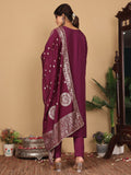 Varanga Women Pure Silk Purple Zari Embroidered Kurta With Bottom And Dupatta