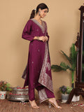 Varanga Women Pure Silk Purple Zari Embroidered Kurta With Bottom And Dupatta