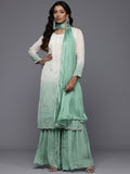 Varanga Women Off White and Sea Green Ombre Beads and Stones Embellished Kurta with Sharara and Dupatta