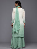 Varanga Women Off White and Sea Green Ombre Beads and Stones Embellished Kurta with Sharara and Dupatta