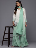 Varanga Women Off White and Sea Green Ombre Beads and Stones Embellished Kurta with Sharara and Dupatta