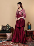 Varanga Women Magenta Brocade Peplum Kurti With Sharara And Dupatta