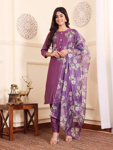 Varanga Women Lavender Silk Floral Printed Stones Embellished Kurta Set With Dupatta