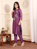 Varanga Women Lavender Silk Floral Printed Stones Embellished Kurta Set With Dupatta