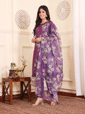 Varanga Women Lavender Silk Floral Printed Stones Embellished Kurta Set With Dupatta