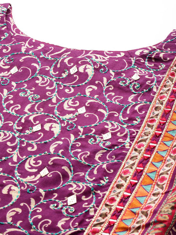 Varanga Women Purple and Pink Thread and Gotta Work Straight Kurta with Trousers and Dupatta