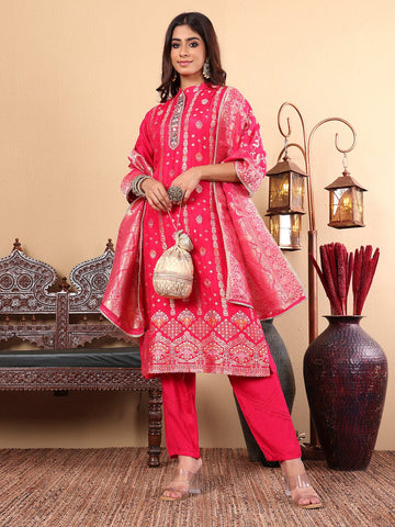 Varanga Women Pure Silk Pink Woven Design Kurta Paired with Bottom and Dupatta