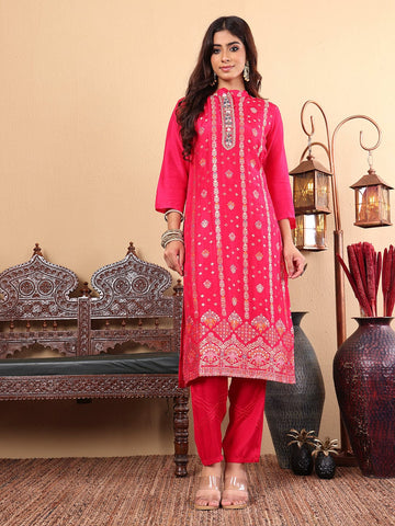 Varanga Women Pure Silk Pink Woven Design Kurta Paired with Bottom and Dupatta