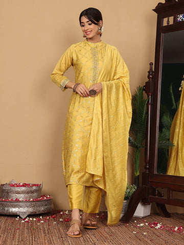 Varanga Women Pure Silk Lime Green Woven Sequins Design Kurta Paired With Bottom And Dupatta