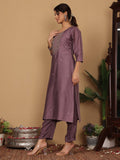 Varanga Women Pure Silk Mauve Woven Design Kurta Paired With Bottom And Dupatta