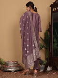 Varanga Women Pure Silk Mauve Woven Design Kurta Paired With Bottom And Dupatta