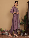 Varanga Women Pure Silk Mauve Woven Design Kurta Paired With Bottom And Dupatta