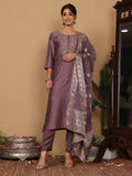 Varanga Women Pure Silk Mauve Woven Design Kurta Paired With Bottom And Dupatta