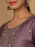 Varanga Women Pure Silk Mauve Woven Design Kurta Paired With Bottom And Dupatta