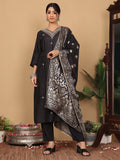 Varanga Women Pure Silk Black Woven Design Kurta Paired With Bottom And Dupatta