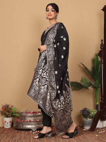 Varanga Women Pure Silk Black Woven Design Kurta Paired With Bottom And Dupatta