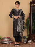 Varanga Women Pure Silk Black Woven Design Kurta Paired With Bottom And Dupatta