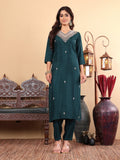 Varanga Women Pure Silk Green Hand Embroidered Straight Kurta with Trousers and Dupatta