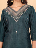 Varanga Women Pure Silk Green Hand Embroidered Straight Kurta with Trousers and Dupatta