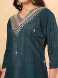 Varanga Women Pure Silk Green Hand Embroidered Straight Kurta with Trousers and Dupatta