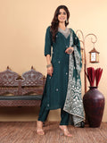 Varanga Women Pure Silk Green Hand Embroidered Straight Kurta with Trousers and Dupatta