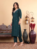 Varanga Women Pure Silk Green Hand Embroidered Straight Kurta with Trousers and Dupatta