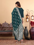 Varanga Women Pure Silk Green Hand Embroidered Straight Kurta with Trousers and Dupatta