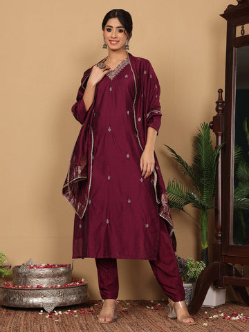 Varanga Women Pure Silk Purple Woven Design Kurta Paired With Buttom And Dupatta