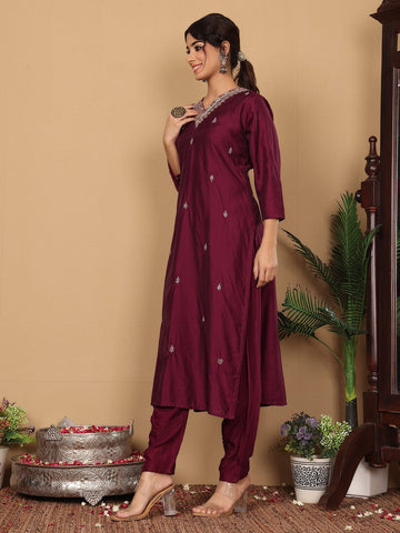 Varanga Women Pure Silk Purple Woven Design Kurta Paired With Buttom And Dupatta