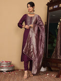 Varanga Women Pure Silk Purple Hand Embroidered Kurta With Bottom And Dupatta