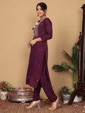 Varanga Women Pure Silk Purple Hand Embroidered Kurta With Bottom And Dupatta